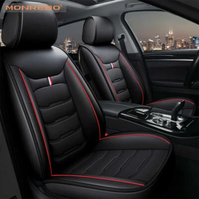 Full Set Car Seat Covers 5 Seats Cushions Pu Leather Waterproof Pad Black Red  - Image 1 of 4
