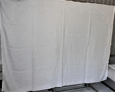 Très belle nappe damassée blanc, motif floral, lin, coton, soie, broderie - Photo 1/4