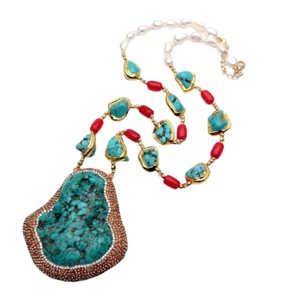 White Baroque Pearl Blue Turquoise Red Coral Necklace Big Turquoise Pendant - Picture 1 of 6