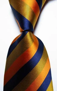 New Classic Striped Gold Dark Blue Orange JACQUARD WOVEN Silk Men's Tie Necktie - Picture 1 of 2