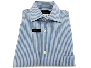 Camicia abito Pronto Uomo blu grigio righe regular fit non ferro 15 32/33 - Foto 1 di 3