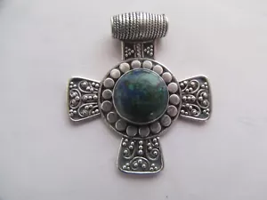 Vintage 1990s Azurite Sterling Silver Byzantine Style Cross Pendant - Picture 1 of 10