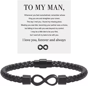 Personalized Infinity Bracelet for Him - Love You Forever Leather Gift - Picture 1 of 8