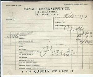 Cash Sale Invoice Receipt - Canal Rubber Supply New York - Neoprene 1949 (MR272) - Picture 1 of 1