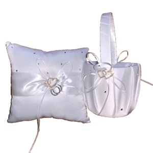 Wedding Pocket Ring Pillow Cushion Bearer & Basket with Double Hearts Decoration - Picture 1 of 3