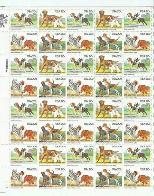 Scott # 2098-2101, American Dogs, 20 cent, 1982 Mint Stamp Sheet, MNH, FV $10.00 - Image 1 of 2