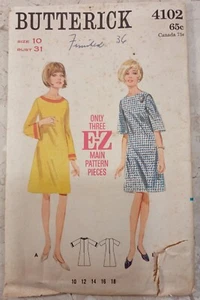 BUTTERICK 4102 Pattern VTG 60s UNCUT One-Piece Dress A-line Bell Sleeve Miss 10 - Picture 1 of 9