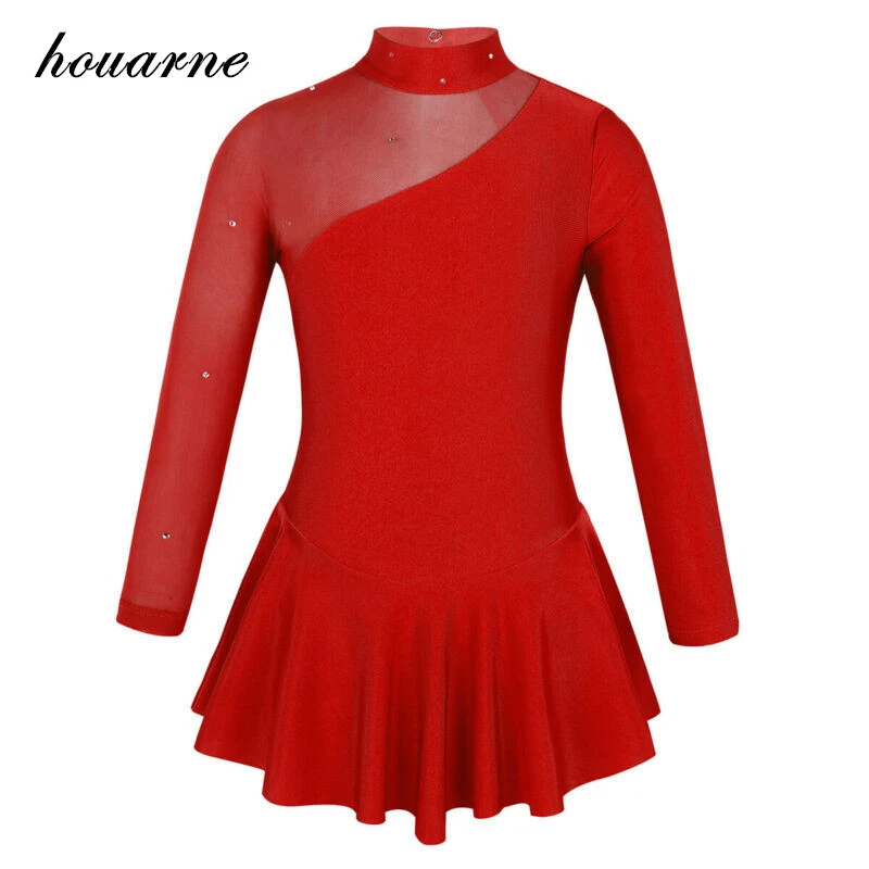 UK Girls Ice Skating Dresses Long Sleeves Ballet Dance Leotard Dress Dancewear   - Image 1 of 1