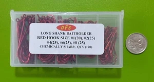120x DFS QUALITY small RED LONGSHANK BAITHOLDER HOOKS size1,2,4,6,8 chem sharp - Picture 1 of 2