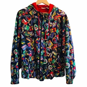VTG Jacket Sz L 90s Post Card International Travel All-Over Print Hooded Toggle - Picture 1 of 7