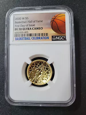 🌟2020-W Proof $5 Gold Basketball Hall of Fame NGC PF70 UC FDOI Basketball Label - Image 1 of 3