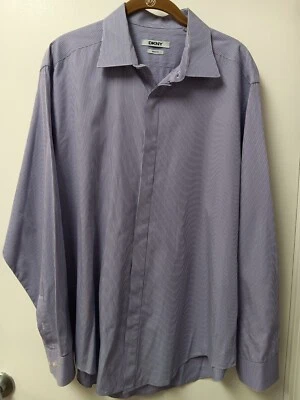 DKNY 男式 XL 17 34/35 紫色和白色条纹长袖修身纽扣 D — 第 1/4 张图片