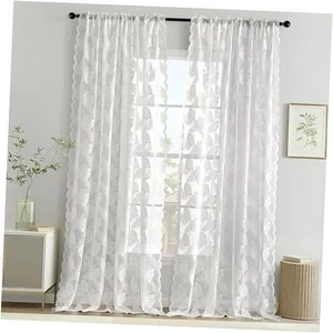 Sheer Lace Curtains 84 Inches Long, Leaf Pattern 59"W x 84"L (Pack of 2) White - Picture 1 of 7