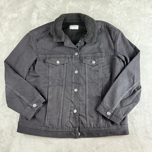 Old Navy Trucker Jacket Womens Medium Black Denim Sherpa Lined Boyfriend Fit - Picture 1 of 16