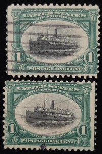 Scott 294, used 1 cent green & black , normal ship & fast ship 2 stamps. BV $6. - Picture 1 of 2