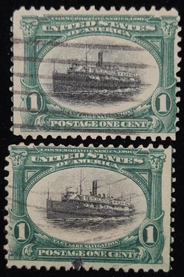 Scott 294, used 1 cent green & black , normal ship & fast ship 2 stamps. BV $6. - Image 1 of 2