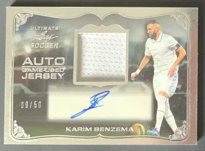 Camiseta autógrafos Karim Benzema, #/50, plateada, 2022 Leaf Ultimate Soccer #JA-KB1 Foto 1 de 2