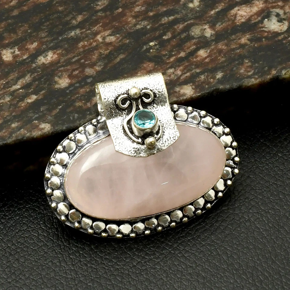 Cuarzo Rosa Topacio Azul Piedras Preciosas Étnico Hecho a Mano Colgante Joyería 1.4" AP-23704 Foto 1 de 1