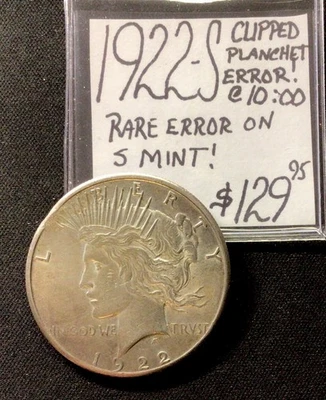 1922 S Peace Dollar Clipped Planchet Error! (@10:00) Rare Error On S Mint! ENN  - Image 1 of 4