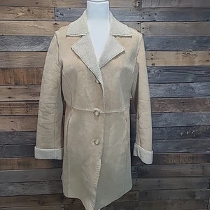 Vintage GUESS Trench Coat Medium Suede Leather Jacket Y2K Camel Boho Penny Lane - Picture 1 of 10