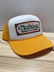 Vintage Nathan’s Hat Trucker Hat snapback Gold Yellow Hot Dogs Hat Bbq Cap - Picture 1 of 3