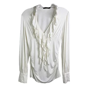Arden B Bluse Damen S Boho Festival Y2K weiß Cut Out Rüschen V-Ausschnitt Langarm - Bild 1 von 9