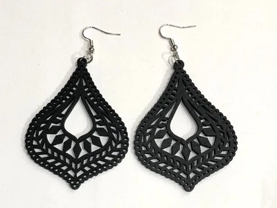 Black Boho Chic Filigree Wooden Teardrop Hoop Dangle Earrings - 226 - Image 1 of 4