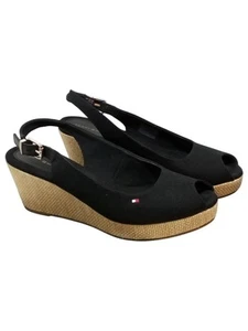 Tommy Hilfiger Heel Sandals Slingback Espadrille Wedge Black Beige Size UK 6.5 - Picture 1 of 18