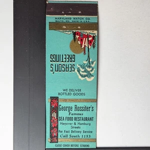 George Rossiter's Seafood Restaurant Baltimore Season's Greetings Matchbook - Imagen 1 de 3