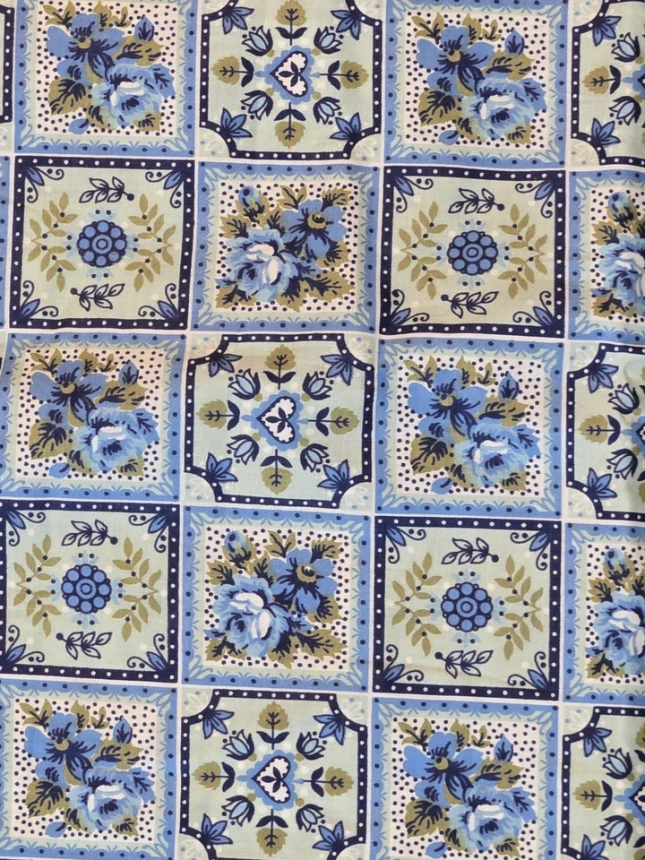 Vintage Pennsylvania Dutch 1950s 60s Patchwork Cotton Fabric 1.5 Yds Blue Rose - Image 1 of 4