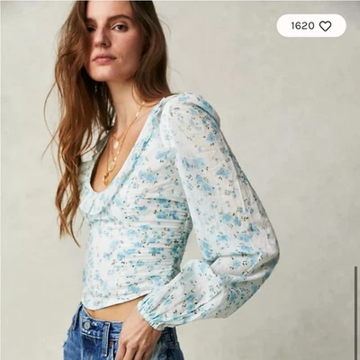 Free People Another Life Cottagecore Floral Smocked Crop Top XS White Blue - Image 1 of 4