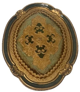 Bandeja Florentina Firenze Italia Ornamentada Verde Oro Ovalada Hollywood Regency - Imagen 1 de 8