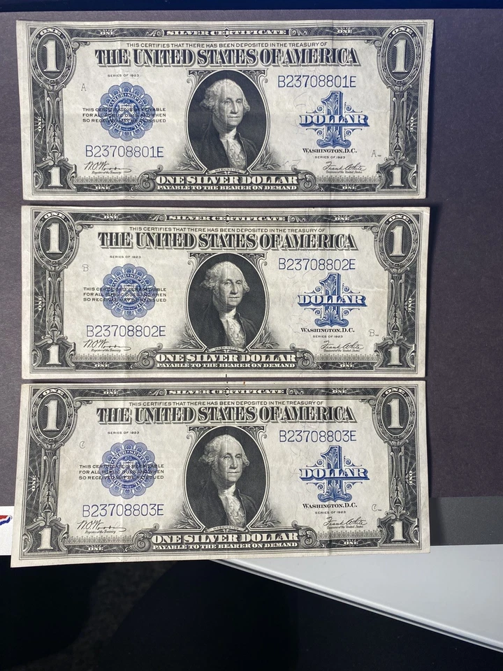 3 Consecutive Serial Number 1923 $1 Silver Certificate Notes Blue Seal Large Siz - Image 1 of 4
