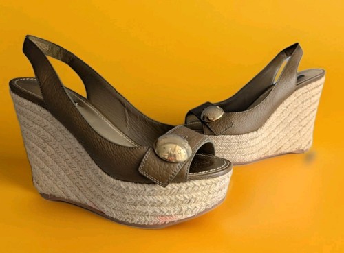 LOUIS VUITTON TRAINER Scarpe sandali Louis Vuitton espadrillas in pelle oliva zeppa plateau slingback
