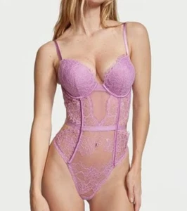 Victorias Secret Bombshell Very Sexy Lace Thong Teddy One Piece Lingerie Lilac S - Picture 1 of 7