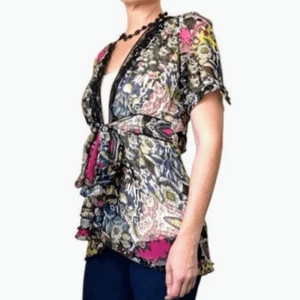 Cabi Beaches of St. Tropez Floral Multicolor Tie Front Sheer Blouse Top S - Picture 1 of 6