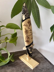 Hawaiian Hand Made 12" Carved Wood Surfboard Display Stand Engraved Islands Map - Picture 1 of 6