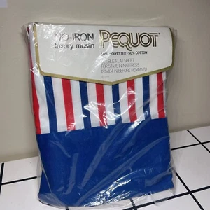 Vtg Pequot Springs Mills blue Red White no-iron luxury muslin Double Flat sheet - Picture 1 of 6