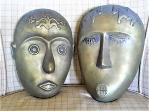 Vintage Pair Ethnic Tribal Brass NAGA Wall MASKS - Picture 1 of 7