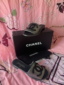 Chanel Metallic Striped Large Beaded CC Logo Sandals Shoes Flats Size 36 C NEW
