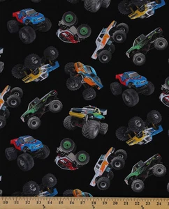 Monster Trucks Dirt Sports Crushers Black Cotton Fabric Print by Yard D471.28 - Picture 1 of 1