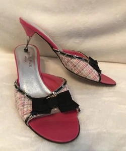 Isabella Fiore Pink Tweed, Black Bow And Silver Trim Slides Sandals Shoes, 8 - Picture 1 of 10