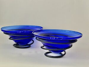 Two Large Decorative Royal Blue Glass Bowls And Black Spiral Metal Stands