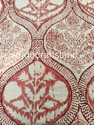 Vintage Hand Block Print kantha Quilt Bedspread Blanket Throw Double Size Cotton - Image 1 of 4