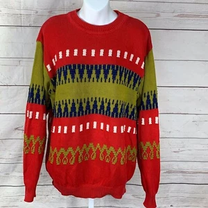 Vintage Benetton Red Multi Color Crew Neck Sweater Men Sz M/L 100% Cotton - Picture 1 of 5