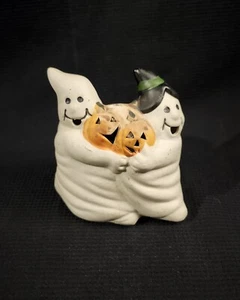 Vintage Ghost Duo Ceramic Tealight Holder Halloween Jack O Lantern Holiday Decor - Picture 1 of 5