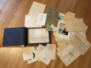 1940s Pencil Sketch Collection in Wooden Scrapbook Album Amateur Outsider Art  - Picture 1 of 12