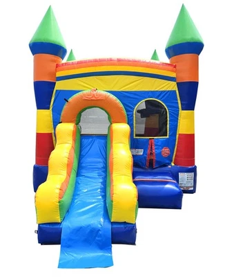 Casa de rebote inflable comercial tobogán acuático castillo arco iris combo con soplador Foto 1 de 4