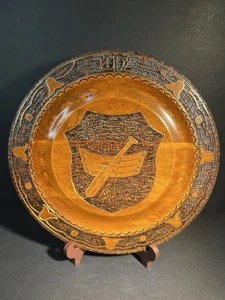 RARE VINTAGE WOOD LODZ PYROGRAPHY Wood PLATE CANOE & OAR DESIGN POLAND 11.7” - Bild 1 von 10