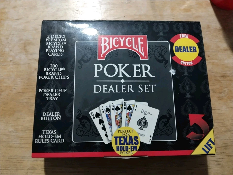 Bicycle Poker & Dealer Set  2 Decks Cards 200 Poker Chips NEW Box is worn some  - Image 1 of 4
